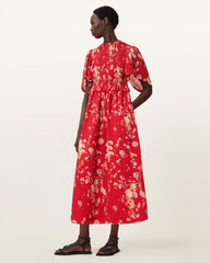 Mya Floral Print Shirred Midi Dress