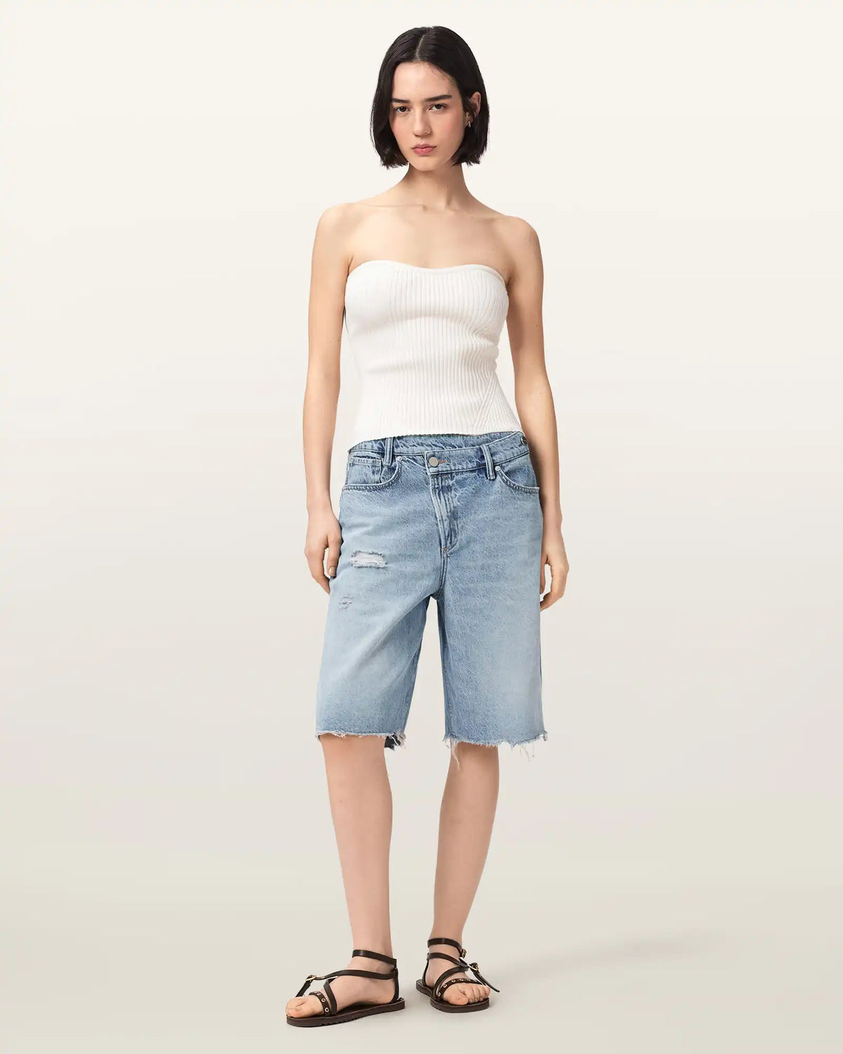 Aki Crossover Wide Leg Denim Shorts