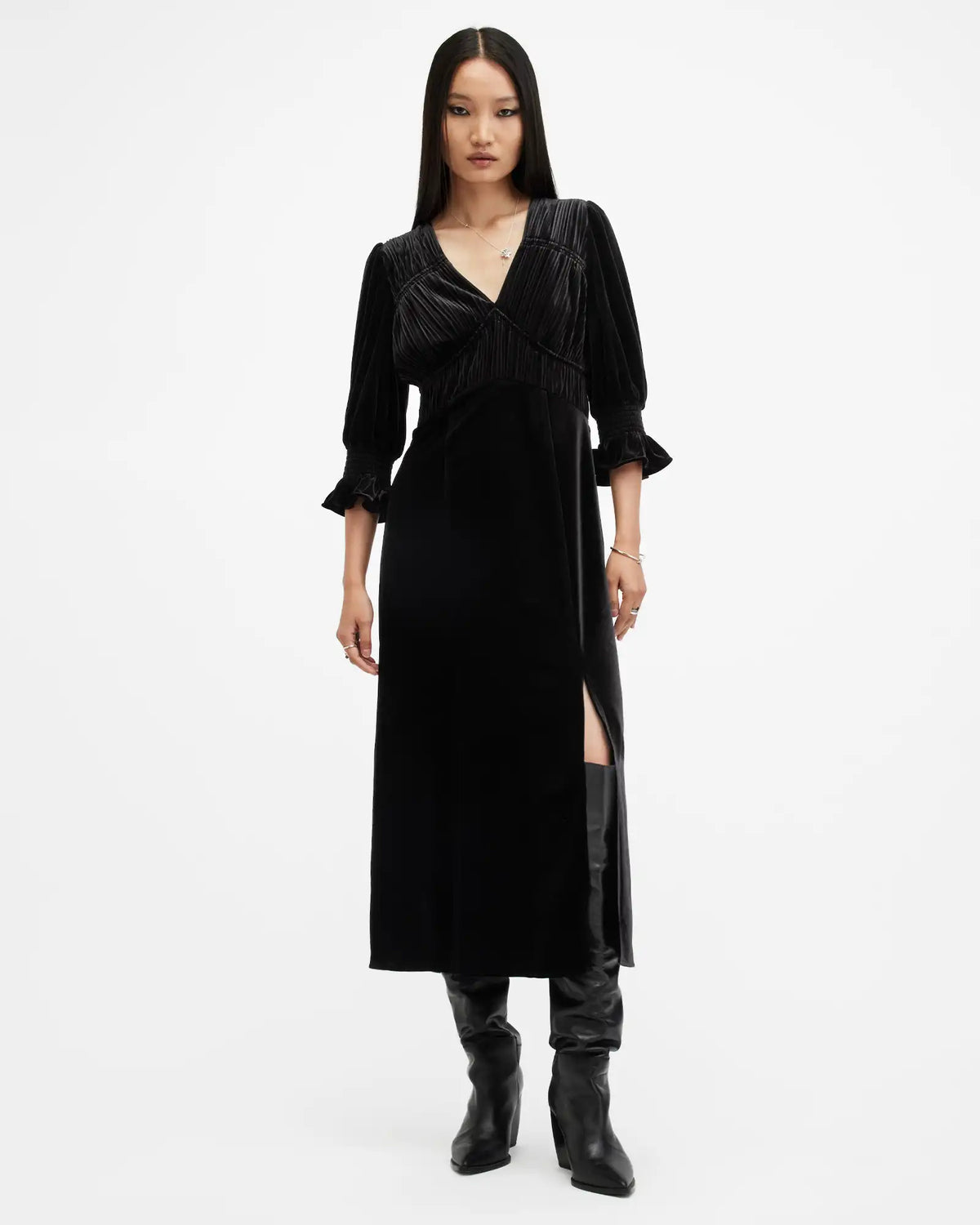 Ani V-Neck Velvet Midi Dress