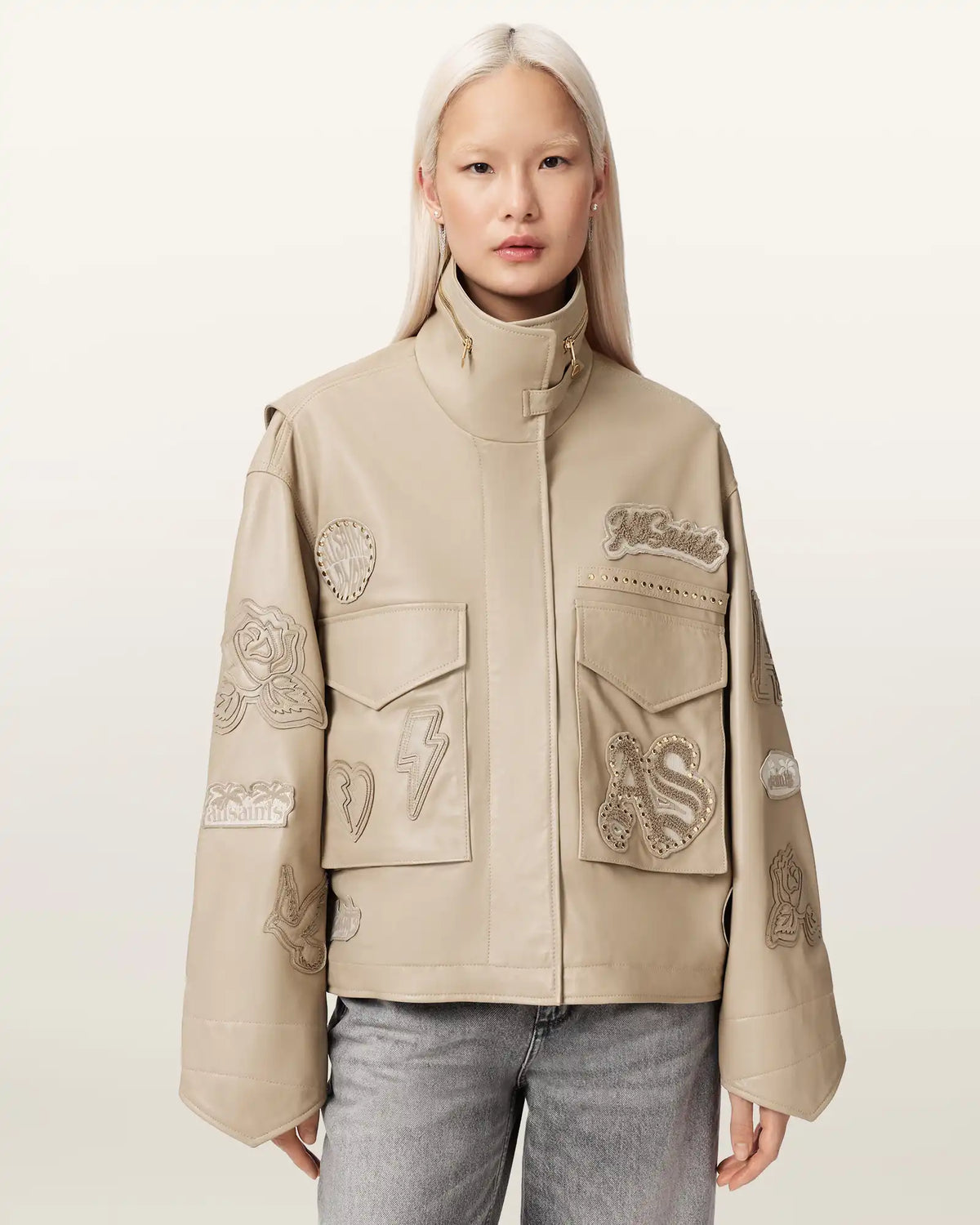 Clay Oversized Leather Patch Jacket