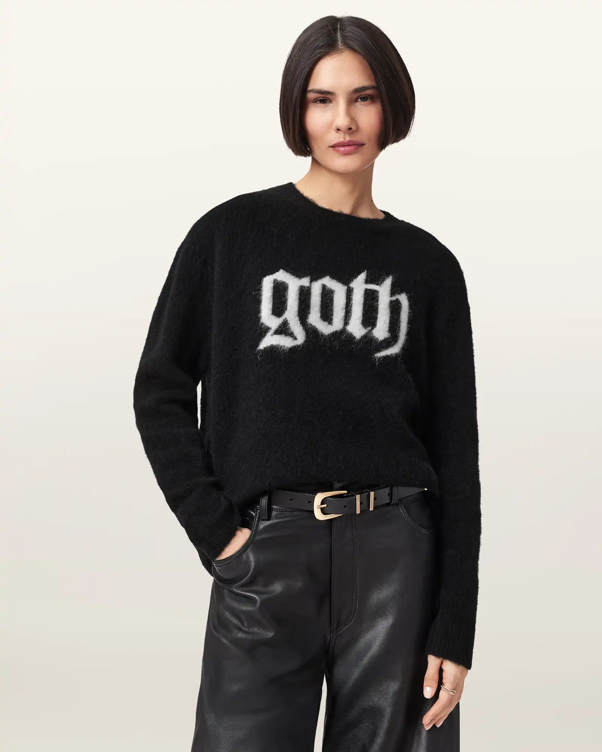 Goth Motif Wool Blend Crew Neck Sweater