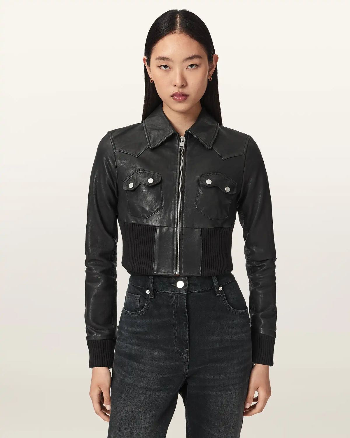 Lena Slim Flit Cropped Leather Jacket
