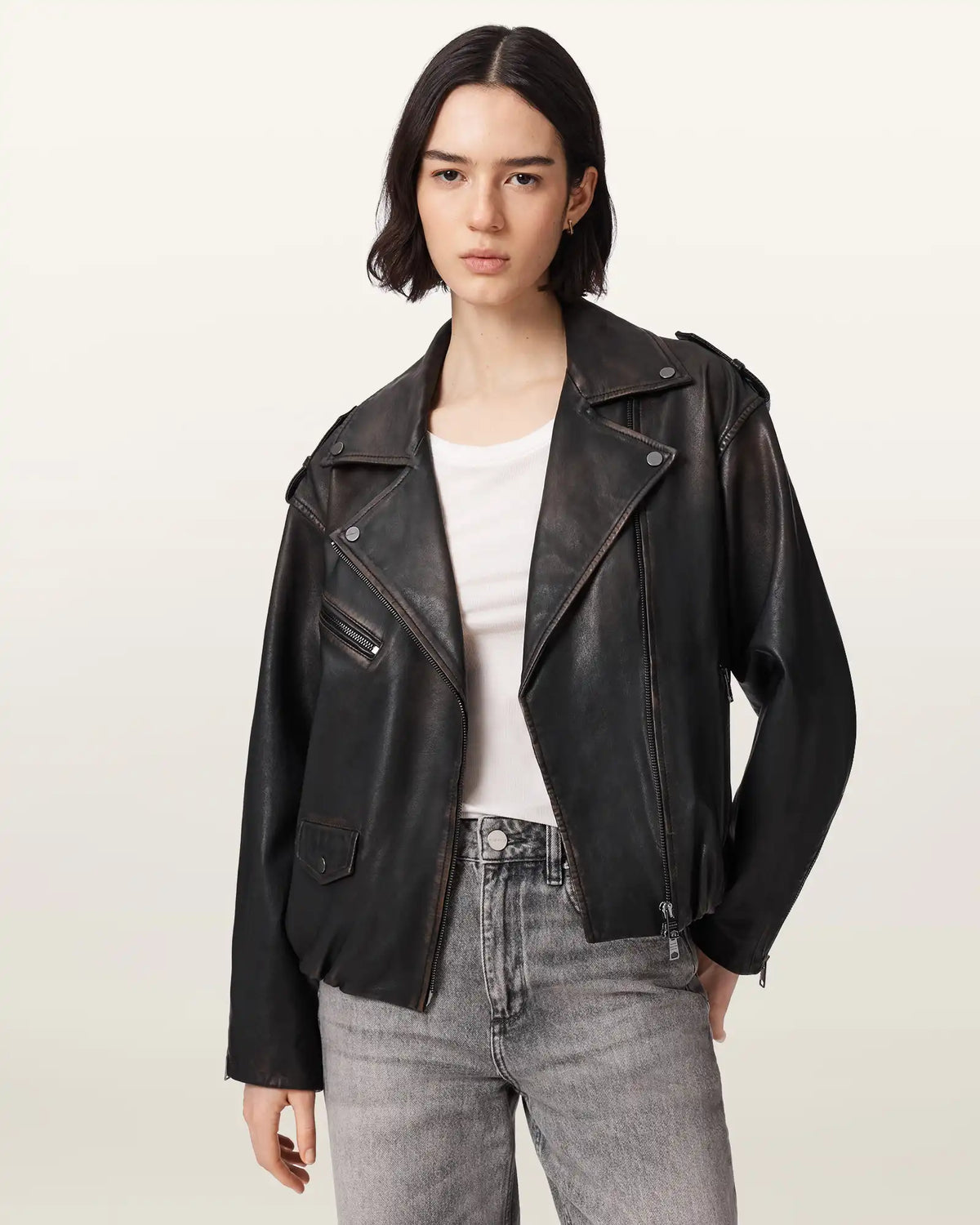 Samina Relaxed Fit Leather Biker Jacket