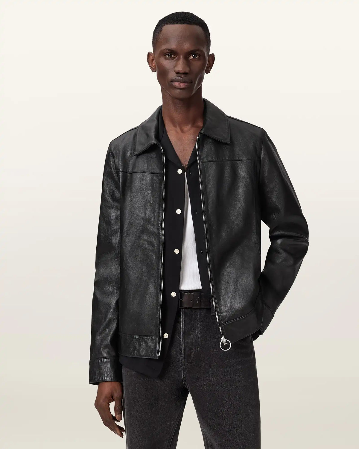 Alkan Zip Up Two Tone Leather Jacket