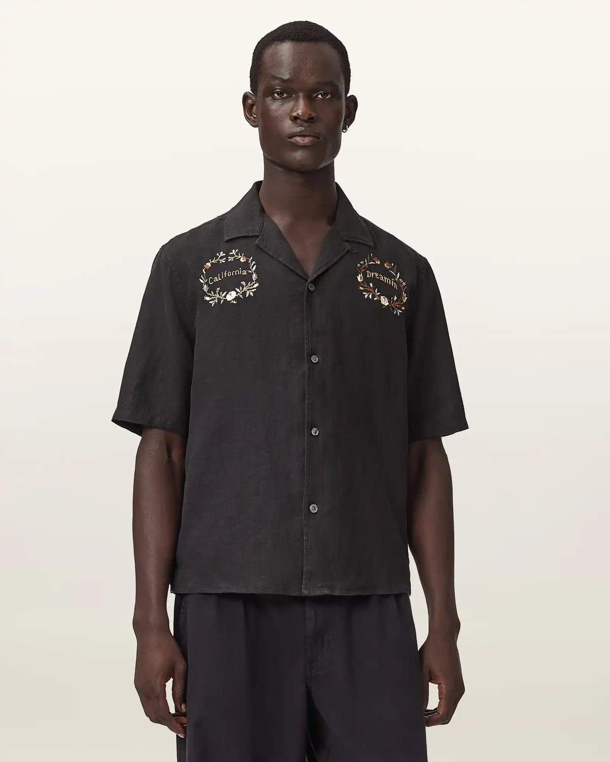 Klavicle Short Sleeve Linen Embroidered Shirt