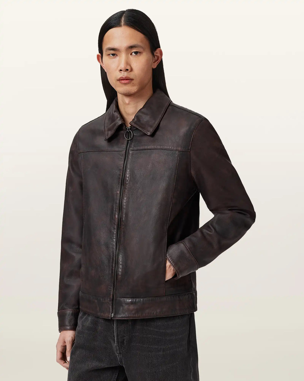 Alkan Zip Up Two Tone Leather Jacket