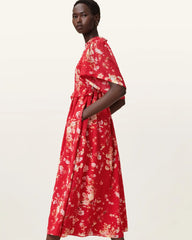 Mya Floral Print Shirred Midi Dress