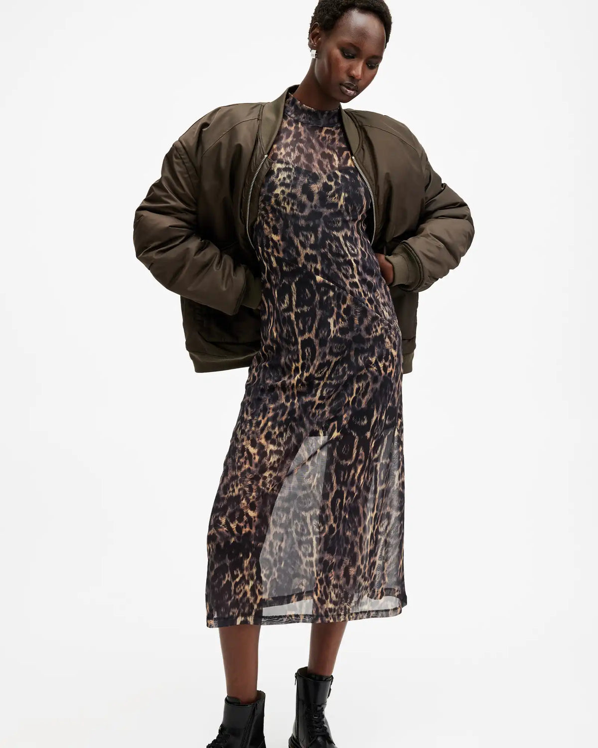 Hanna Mesh Animal Print Midi Dress