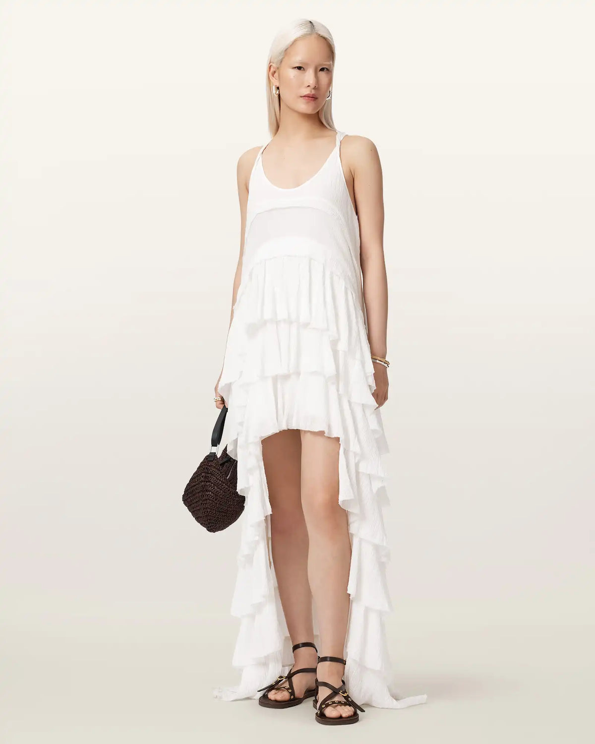 Cavarly Crepe Tiered Ruffle Maxi Dress