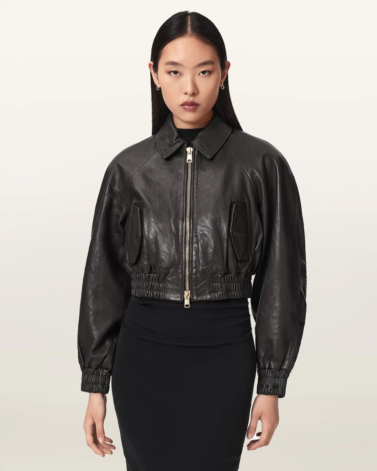 Anouk Cropped Leather Bomber Jacket