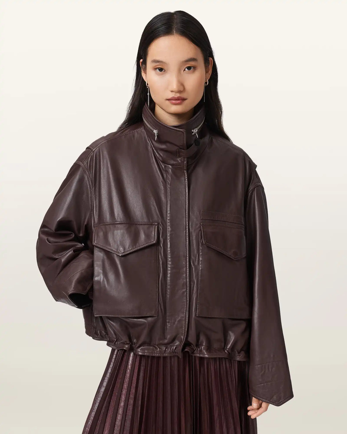 Clay Funnel Neck Oversized Leather Jacket