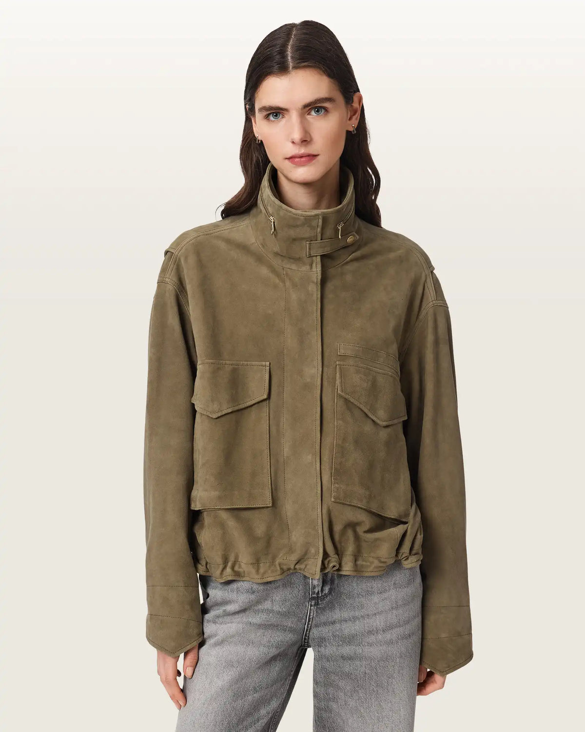 Clay Funnel Neck Suede Cropped Jacket